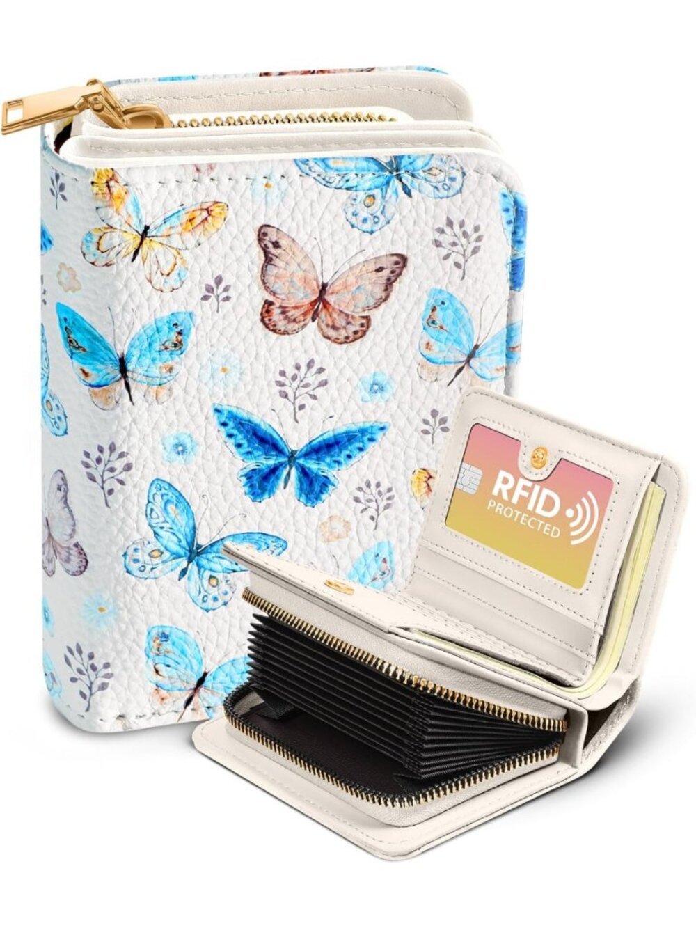 Stylish Leather Accordion Card Holder Wallet - 12 Slot, Butterfly Design